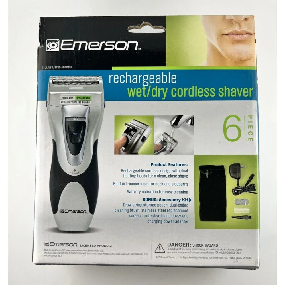 Emerson Rechargeable Wet/Dry Cordless Mens Shaver Built In Trimmer Accessory Kit